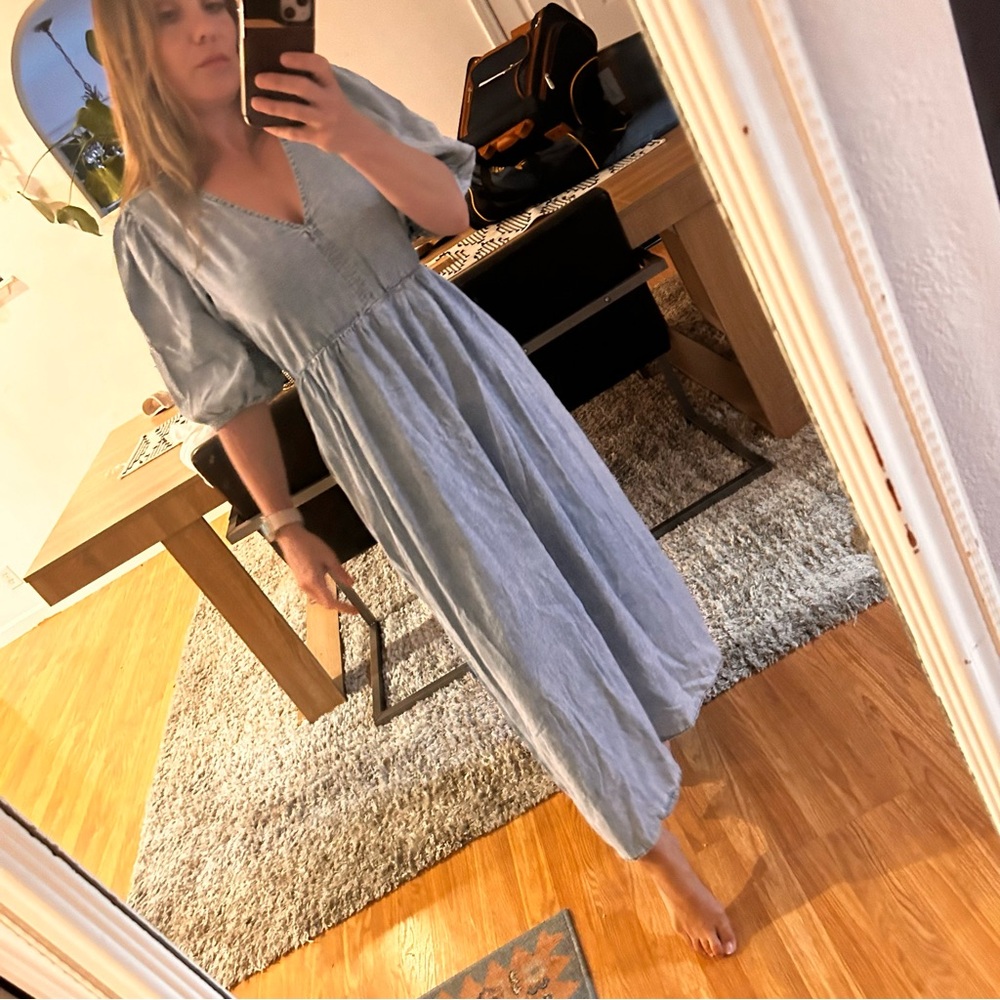 GAP Blue cutout back drop puff Dolman Sleeve V-Neck Maxi Sundress - Picture 2 of 13